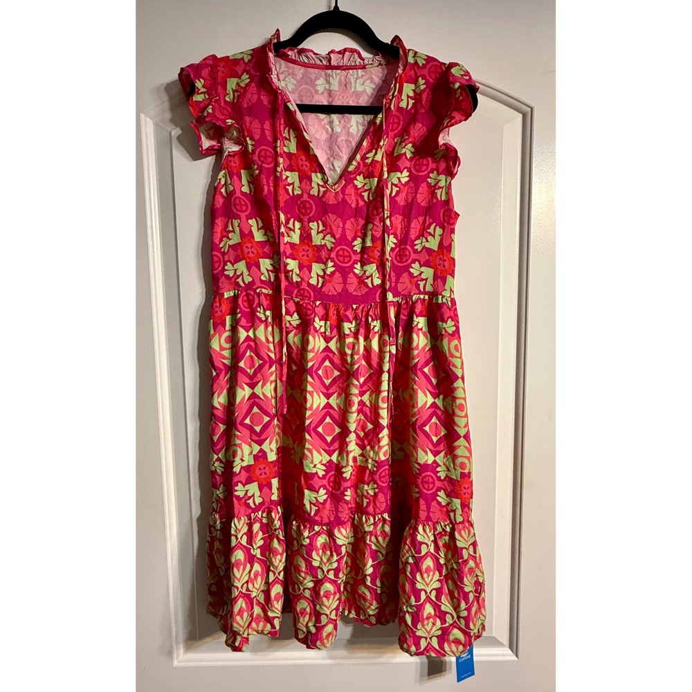Cupshe Mini Dress Womens Size M Pink Green New Geometric‎ Floral Flutter Sleeve